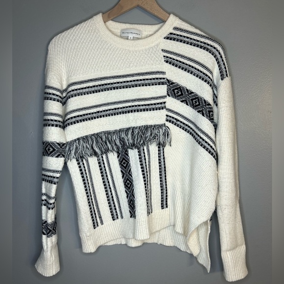 White + Warren Sweaters - White + Warren White and Black Striped Fringe Textured Sweater, Sz S